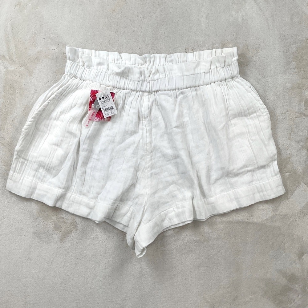 Roxy What A Vibe White Organic Cotton Gauze Paperbag Shorts  Womens LARGE‎